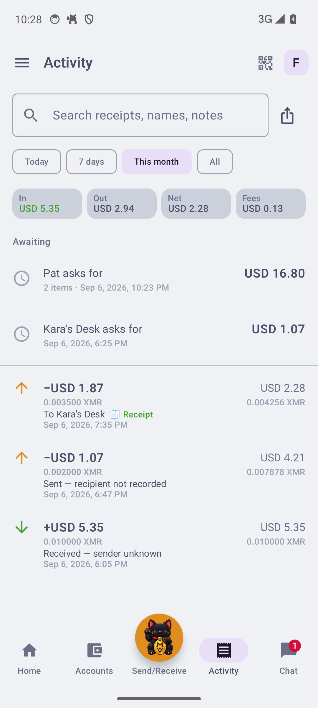 The statement: running balance, receipt search, CSV export