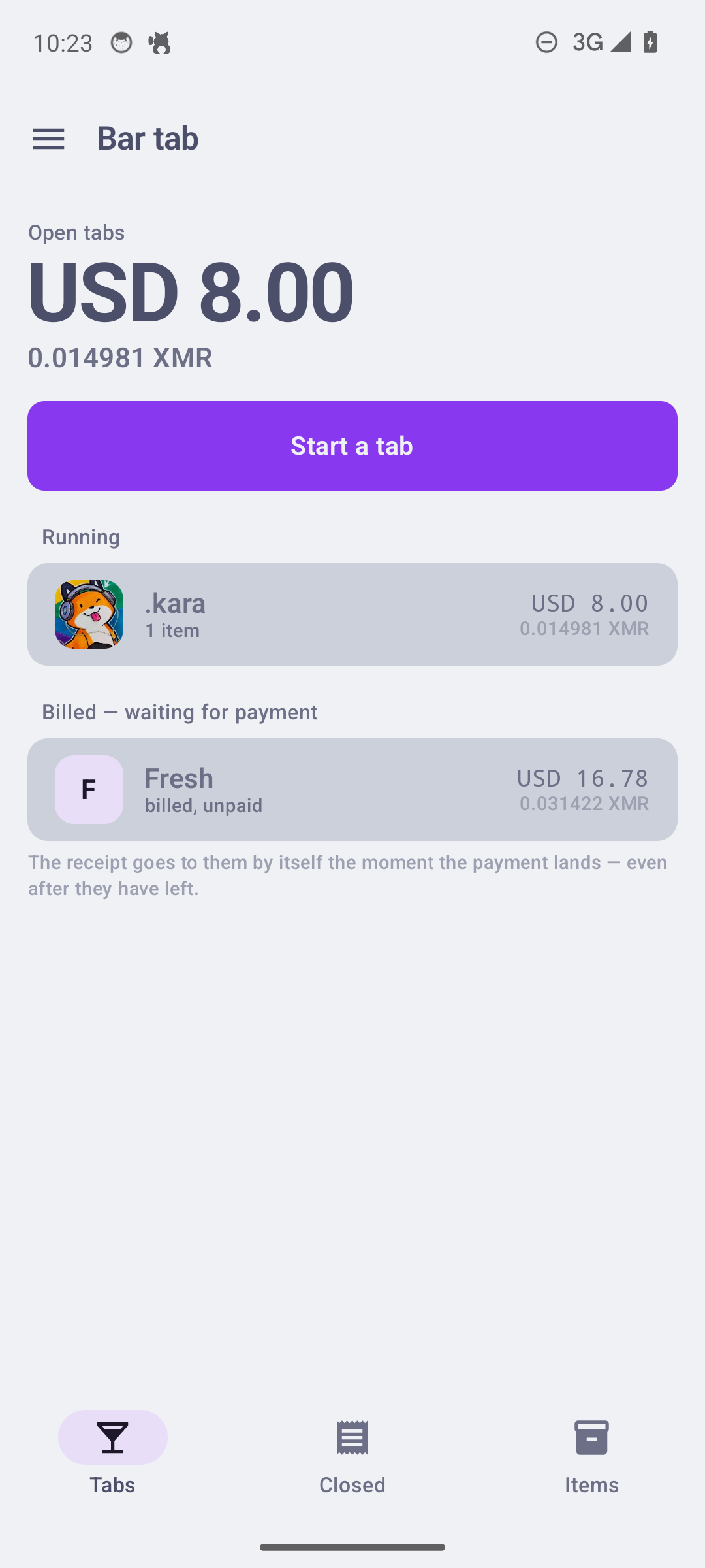 Bar tabs: open tabs, billed-and-waiting, closed with one bill