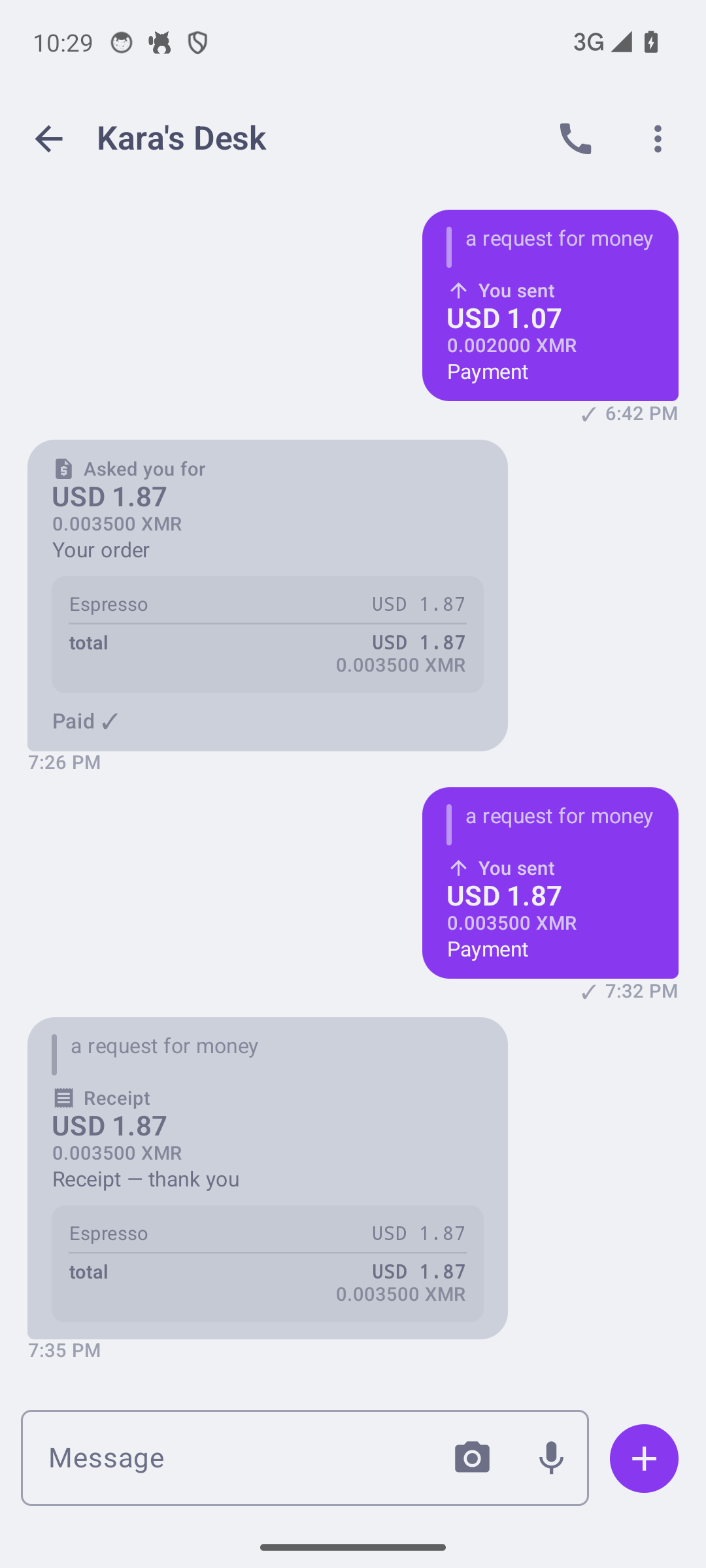 A conversation carrying money: itemised bill with a tax line, the receipt, a settled-escrow banner