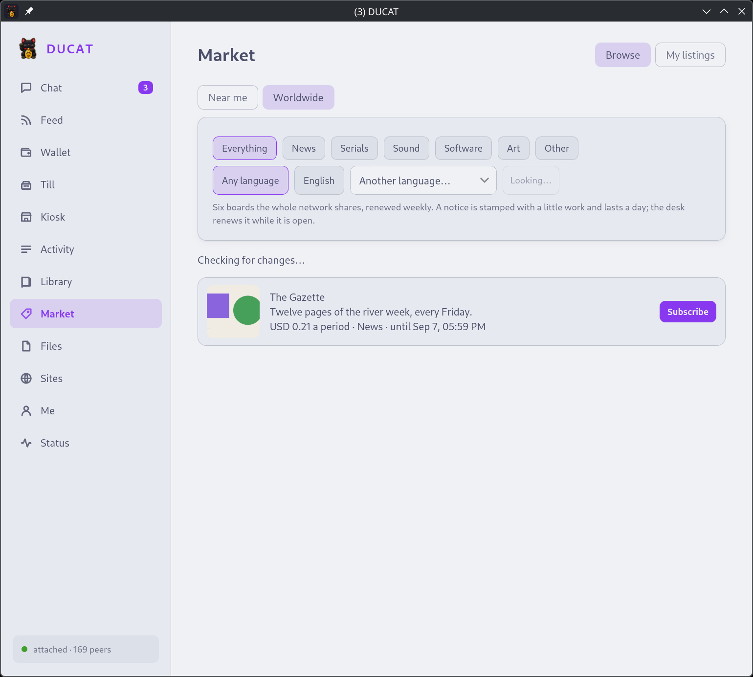 The desk's Market page: listings near a cell with their thumbnails