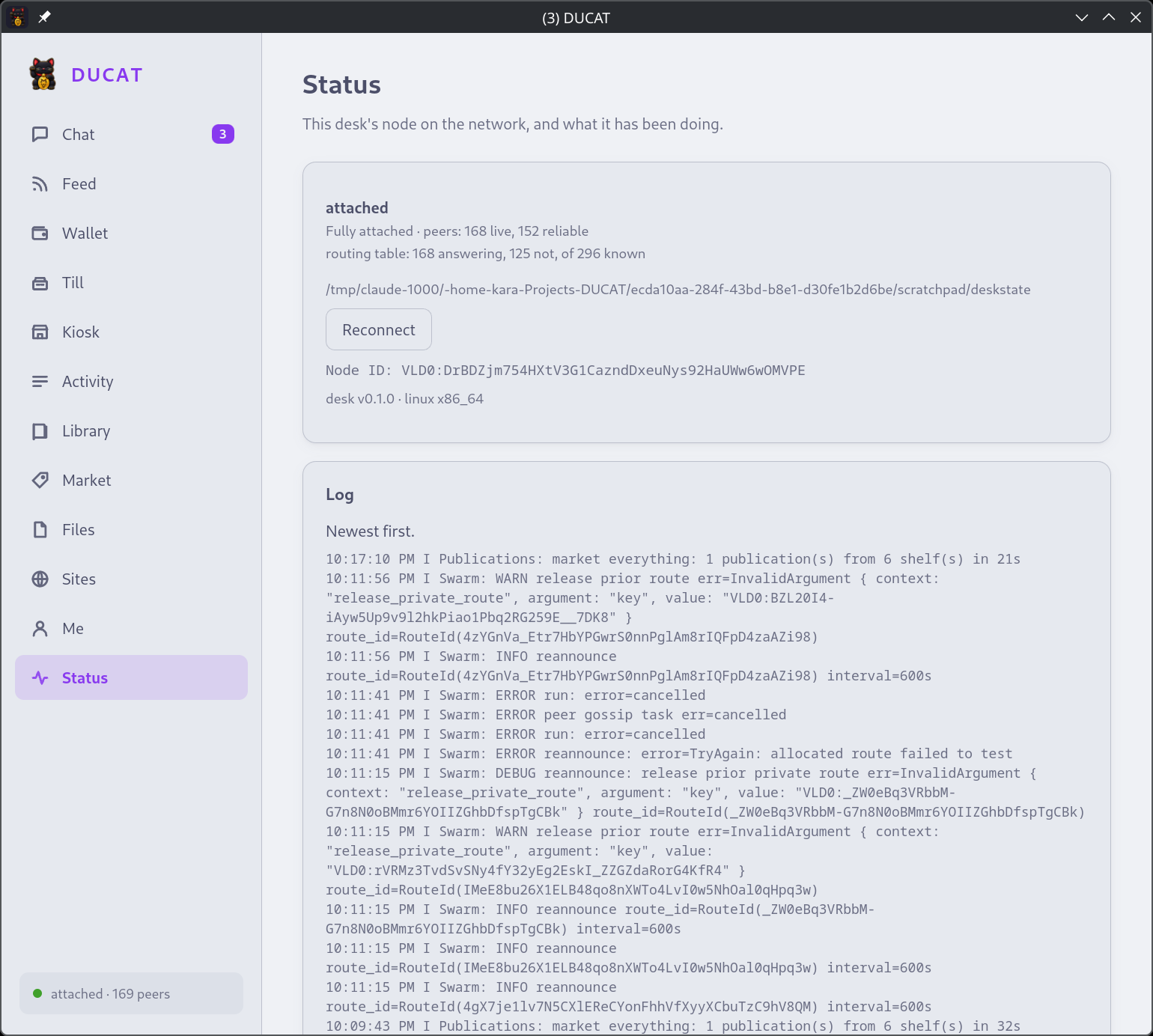 The desk's Status page: the node, its routing table, Reconnect, the log