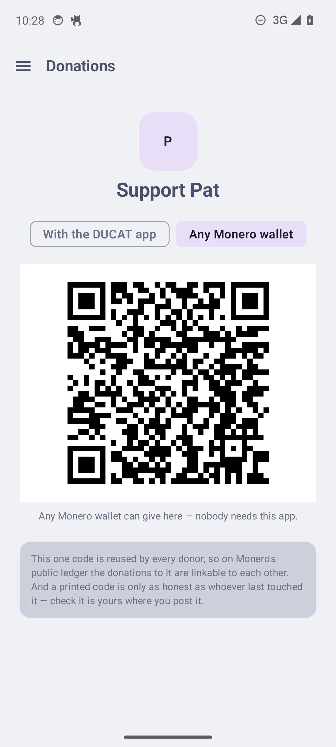 A standing donation code, with its linkability cost stated on screen
