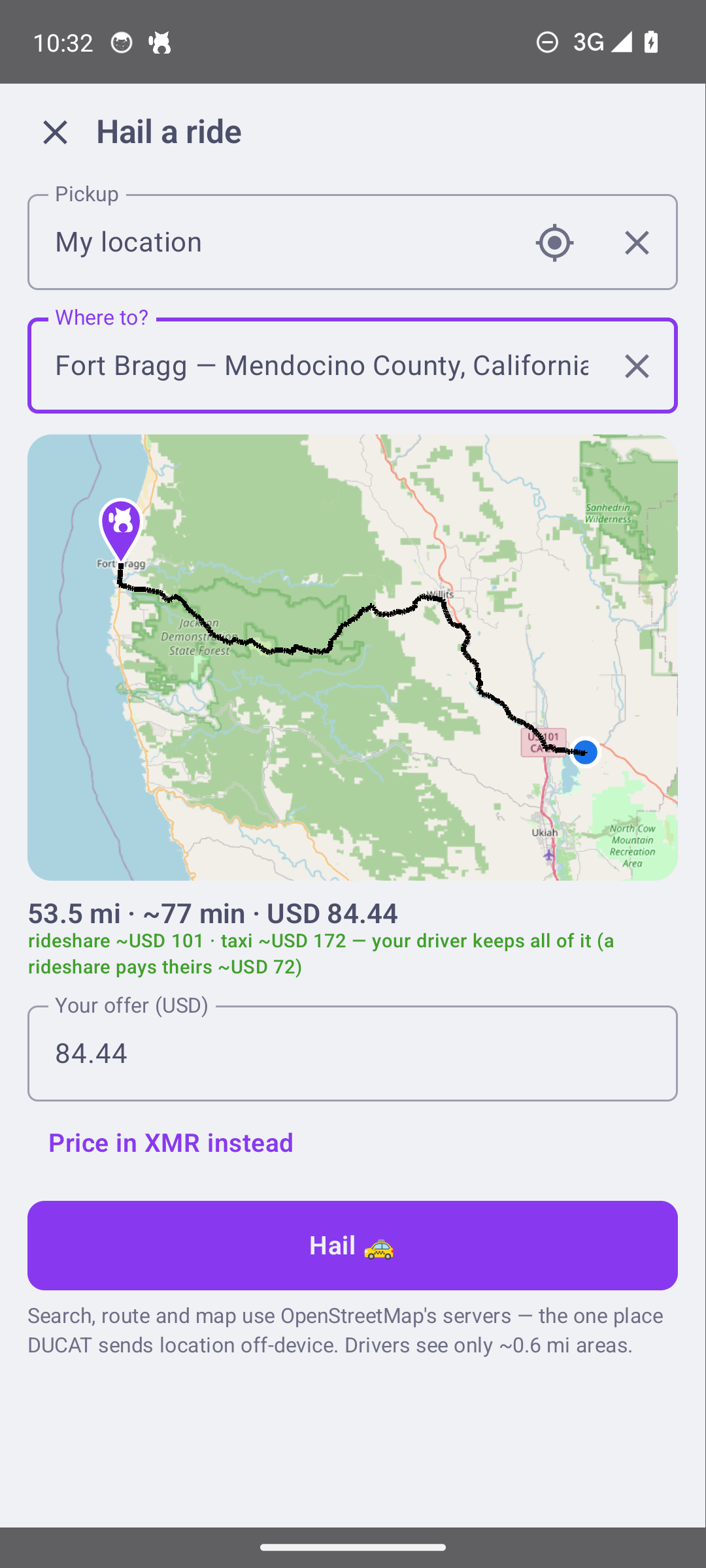 Hailing a ride: route, distance, time, and the fare against what a rideshare would charge