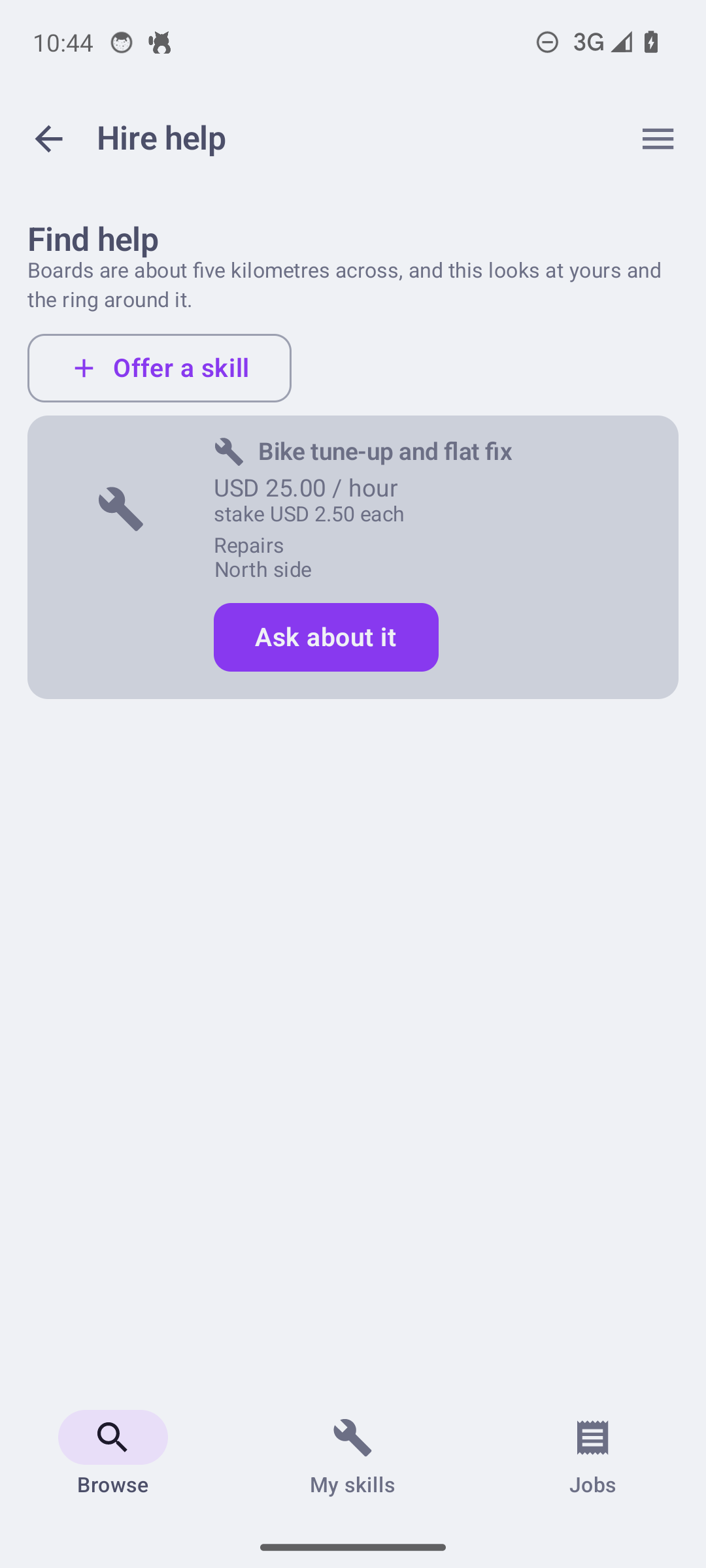 Hire help browse: a skill offered nearby, priced per hour