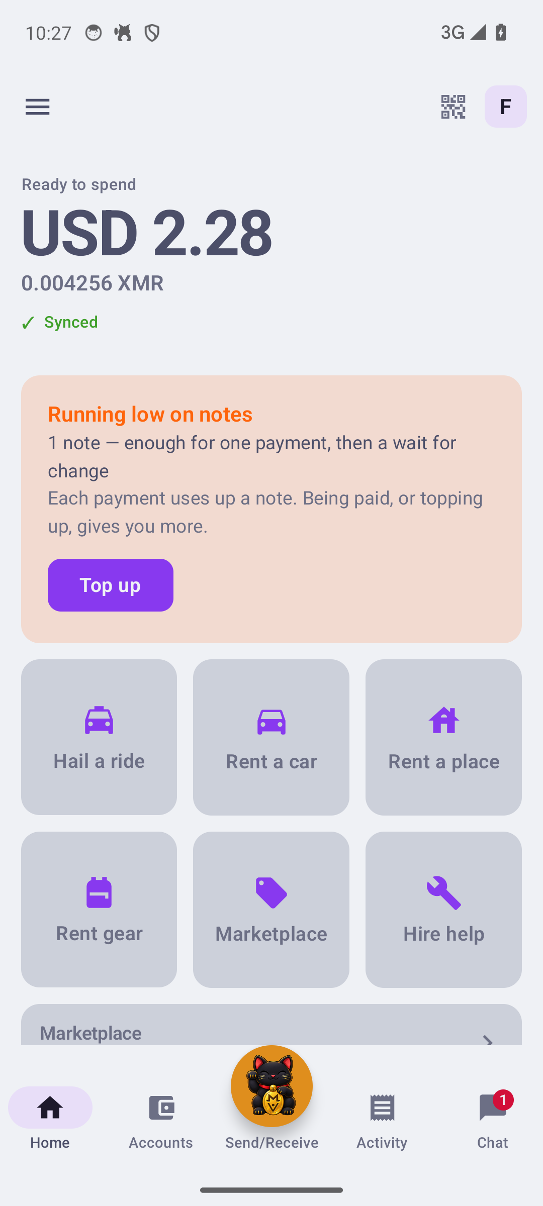 Personal home: balance in XMR and USD, sync state, spendable-notes counter, mode tiles and recent movements