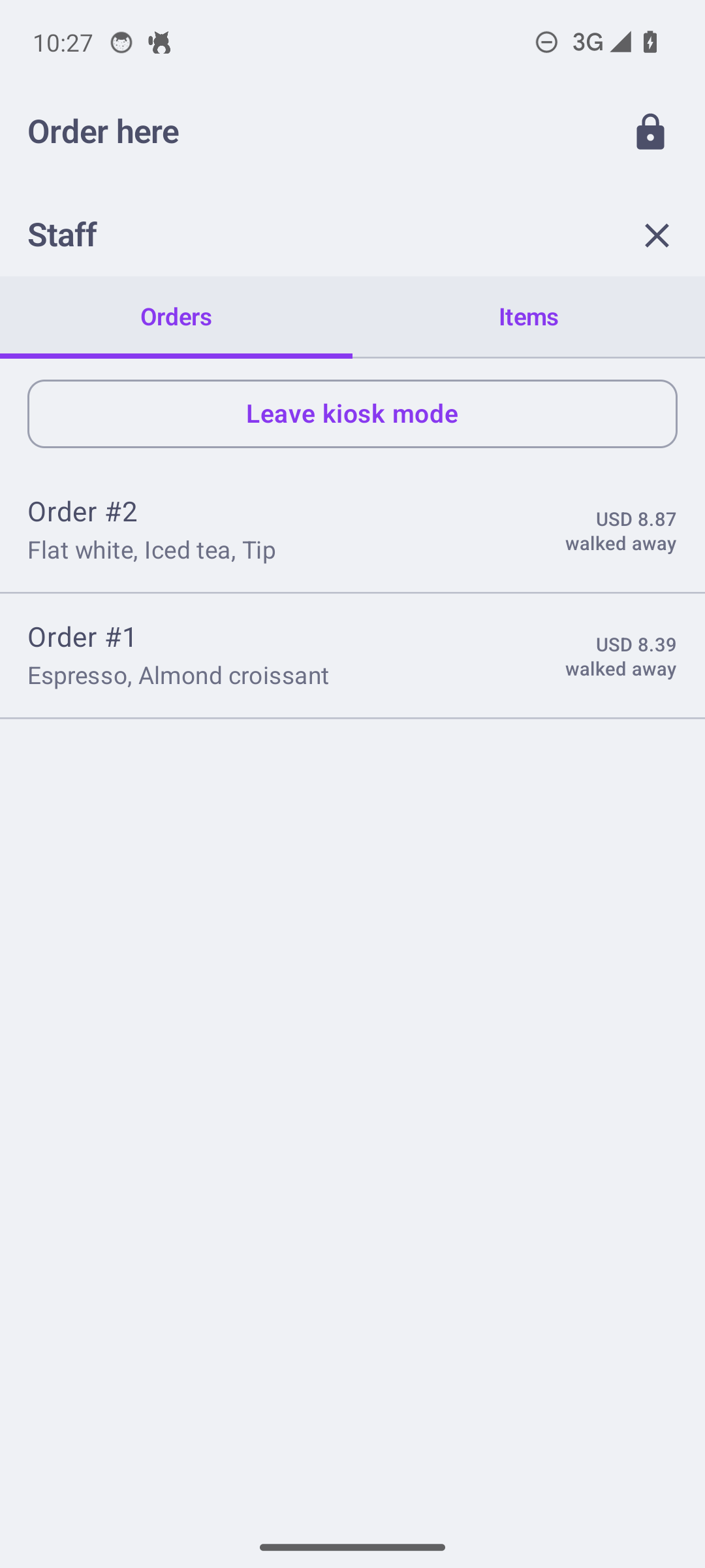 Kiosk staff panel behind a PIN: orders, menu, and the tax rate