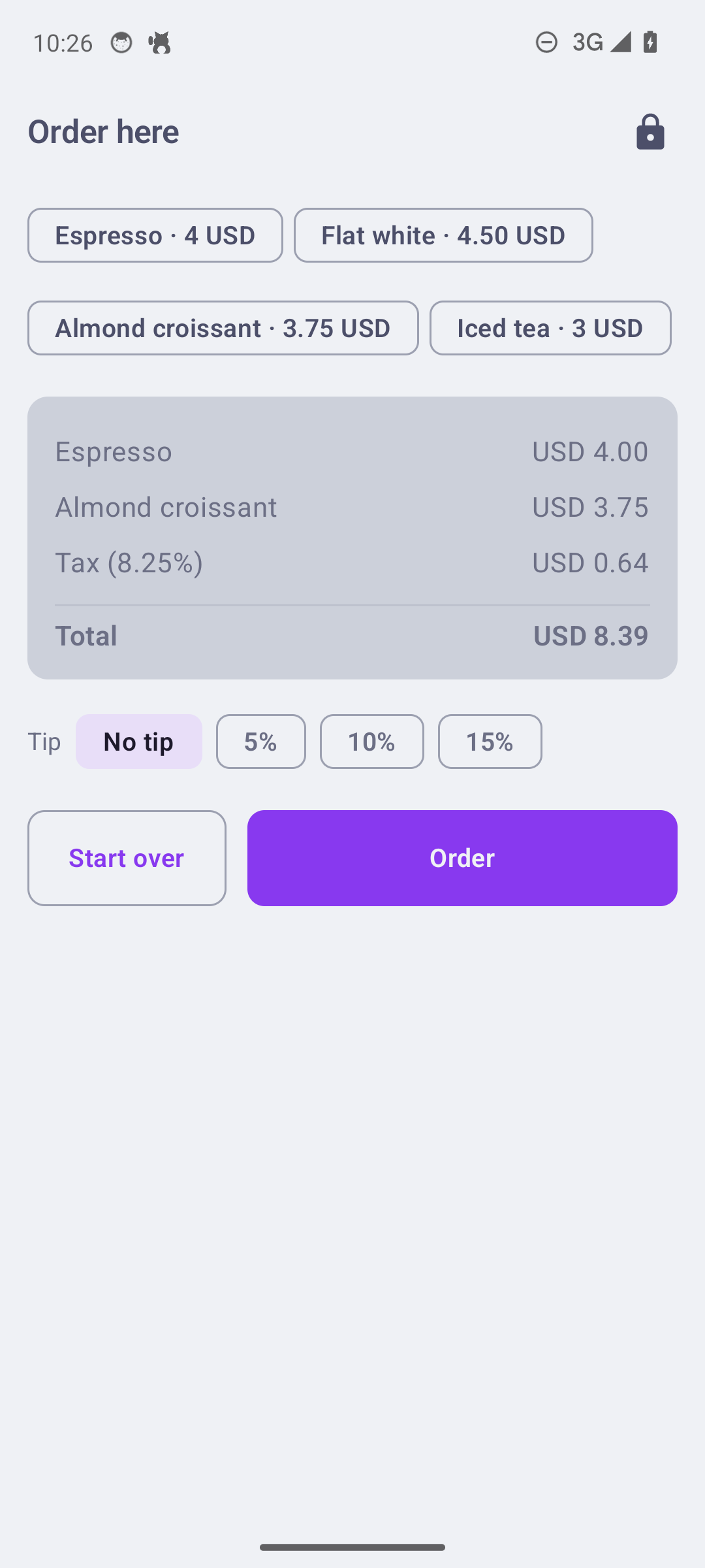 Kiosk mode, customer side: tap what you want, tax shown before you commit