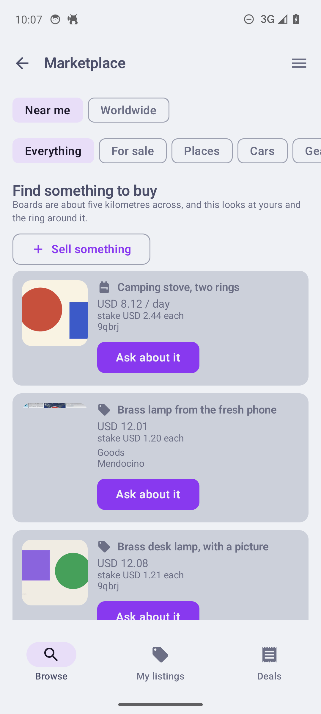 Marketplace browse: a listing found on the board, with price, stakes and an Ask about it button