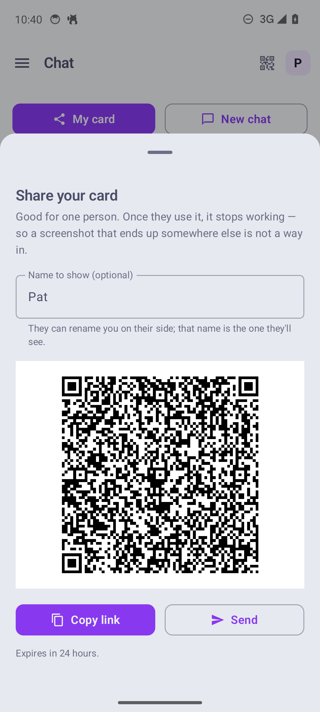 Your card: a claim-once QR that opens a conversation, good for one person