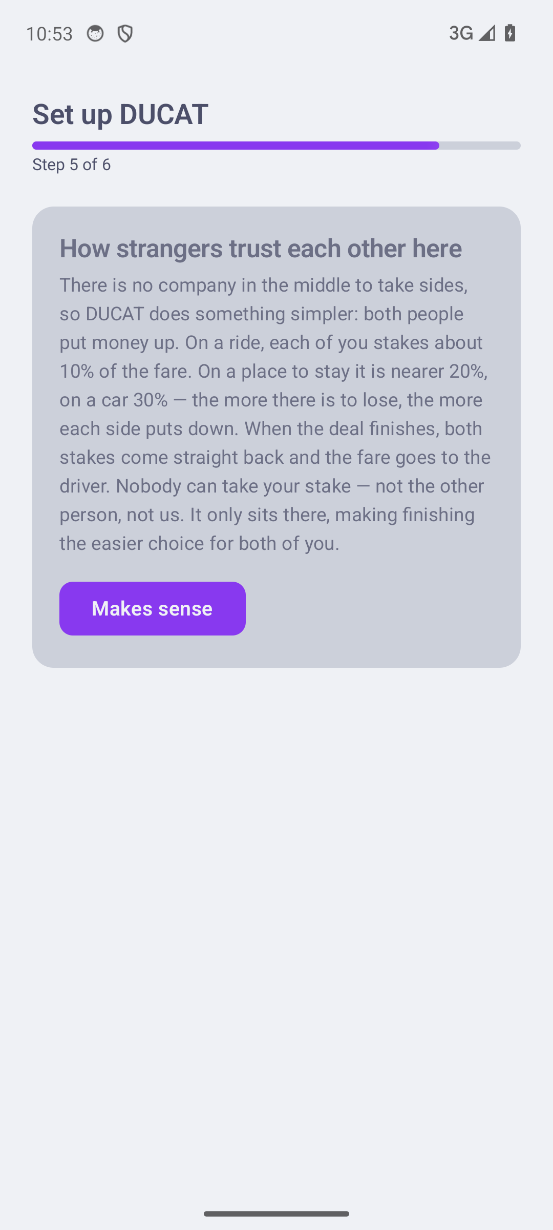 Step 5 of 6: how strangers trust each other — both sides stake, finishing returns it