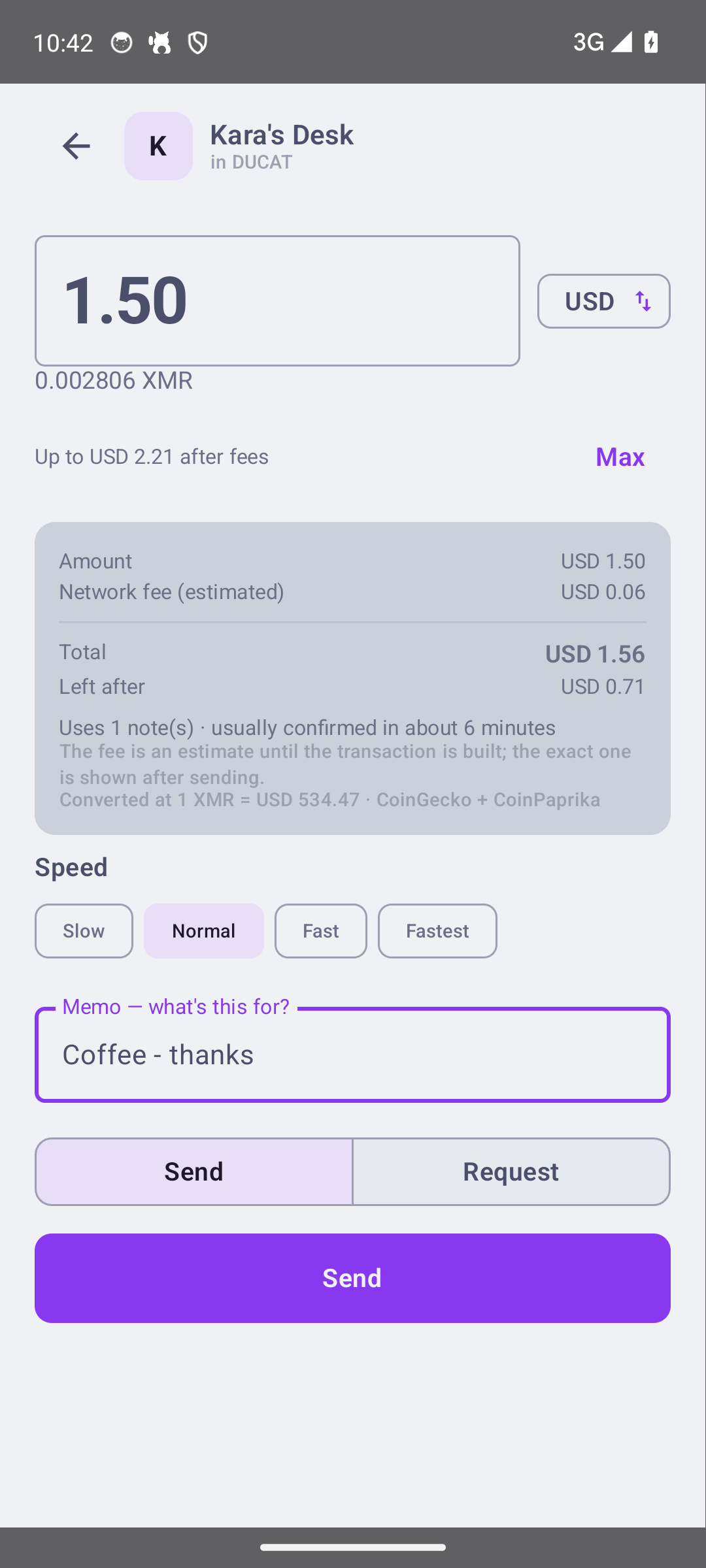 Paying or requesting: amount in fiat or XMR, fee arithmetic, what is left afterwards