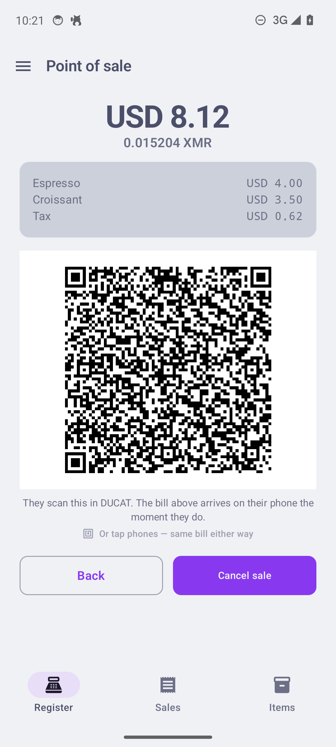 One code for the customer to scan; the itemised bill lands on their phone