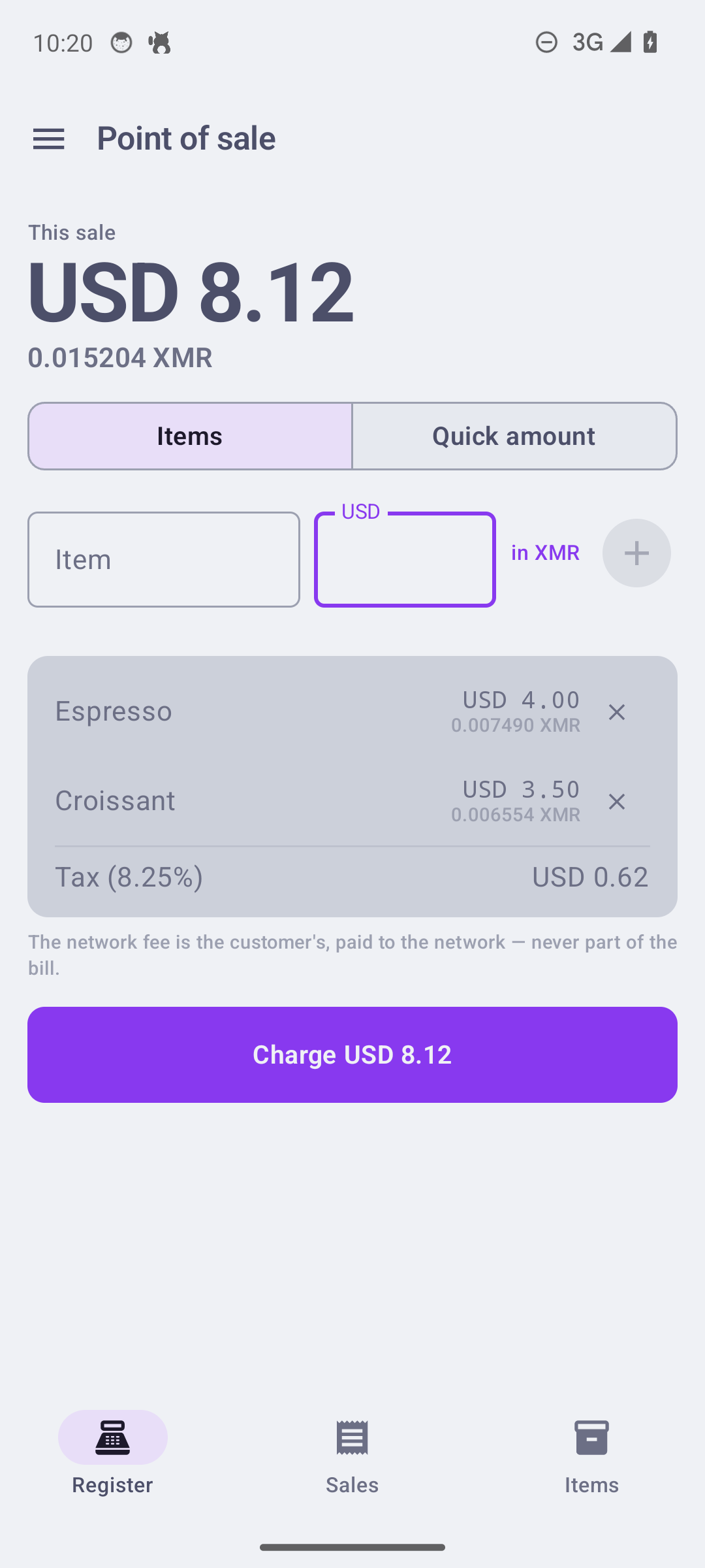 Point of sale: items rung up with a computed sales-tax line