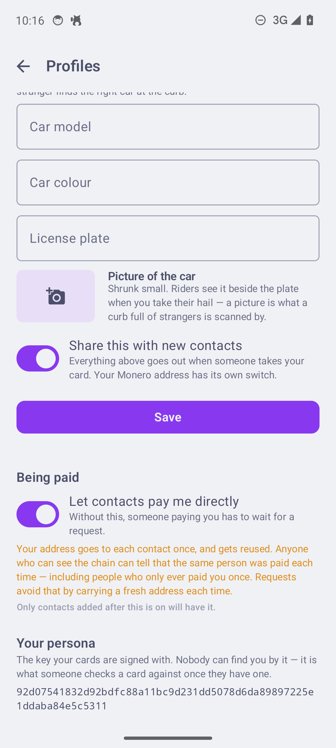 Profile: the linkability cost of letting contacts pay you directly, stated where you choose it