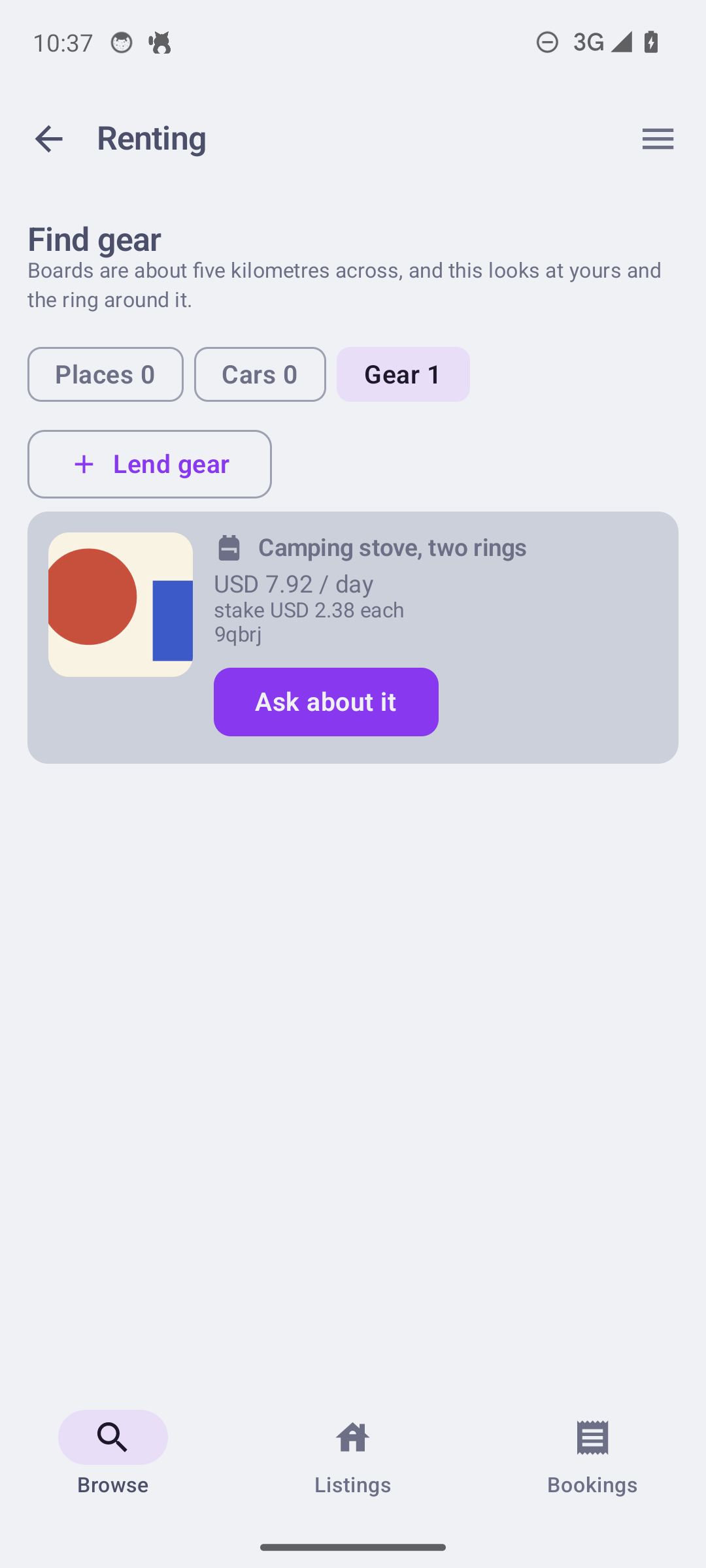 Finding gear nearby: a live listing with price per day and the stake