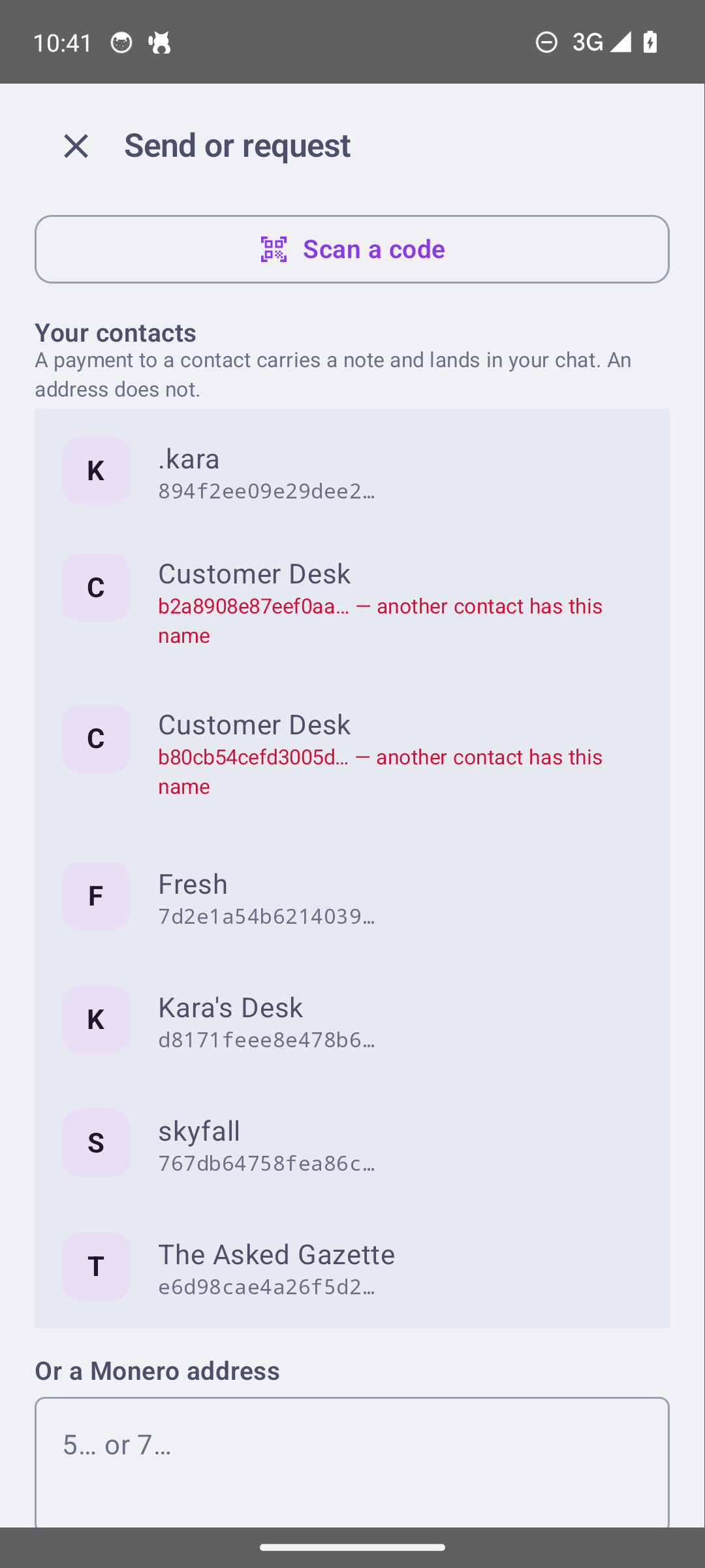 Picking who to pay: contacts listed with their key fingerprints