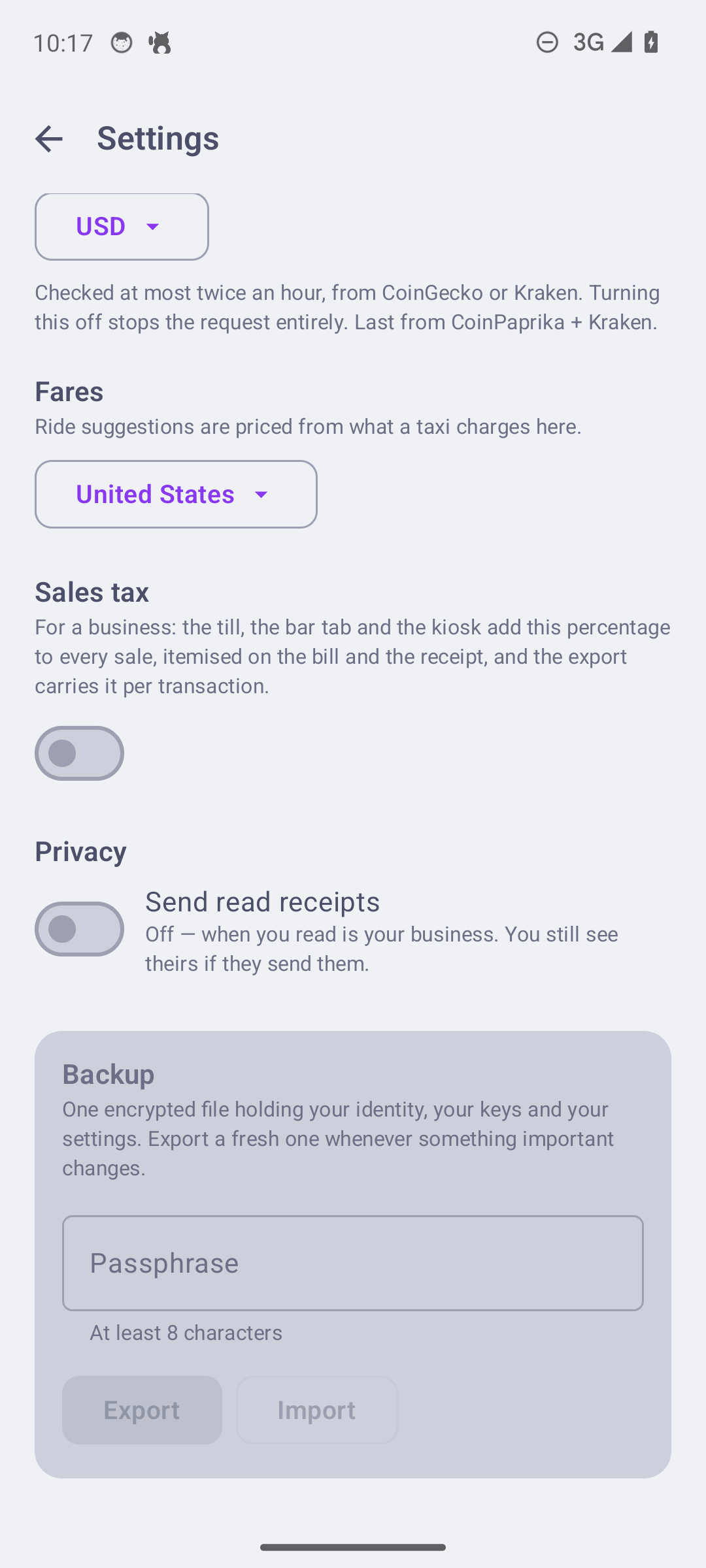 The business half of settings: fares region, sales-tax rate, privacy, backup