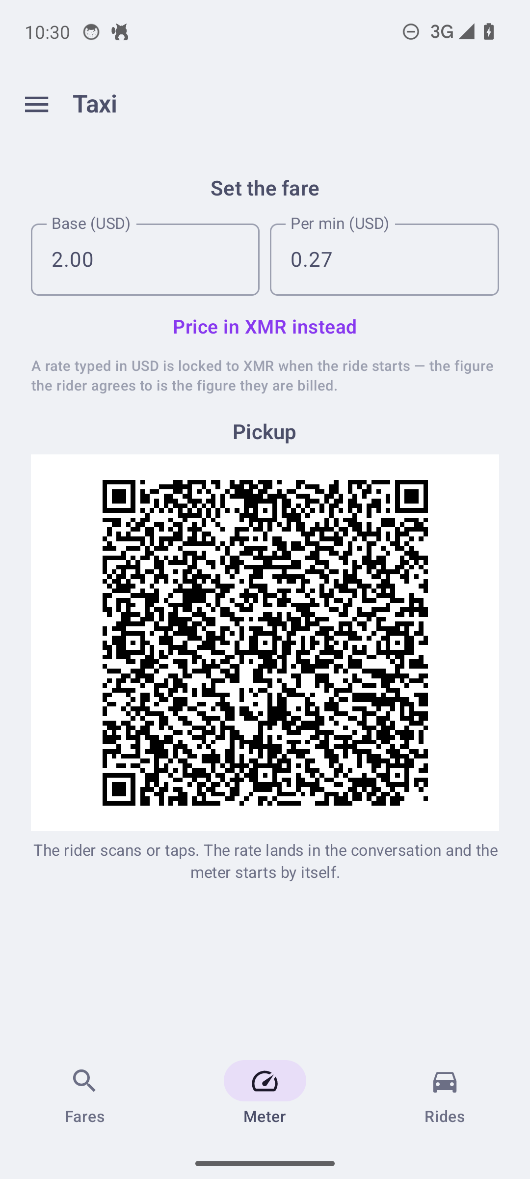 The taxi meter: rate typed once, a pickup code, terms landing in the chat at start